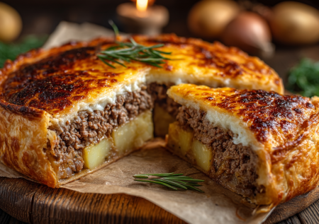 Нажористый пирог — сочнее не придумаешь! Сметанное тесто, рубленое мясо, а сверху сырная корочка. Вкуснятина, честное слово