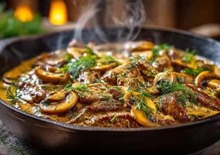 Русская классика, которая всегда работает: бефстроганов из печени с грибами