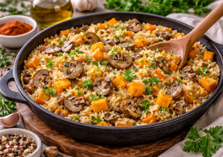 Готовила себе постное, но понравилось всей семье: рис на сковороде с грибами и тыквой