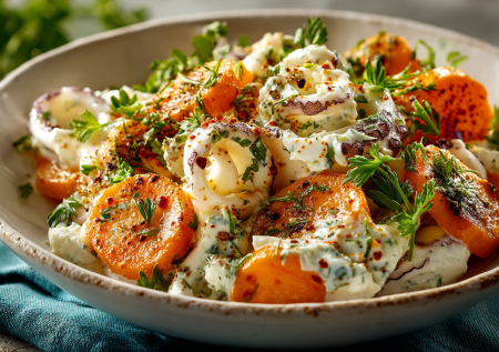 Этот салат с кальмарами и морковью по-корейски — настоящая находка для ПП. Всего 97 ккал, а вкус — божественный