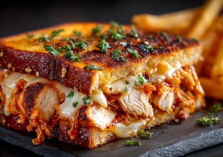 Кимчи-сэндвич: взрыв корейского вкуса между двумя тостами. Хрустящая курица в панко, острые овощи и тягучий сыр