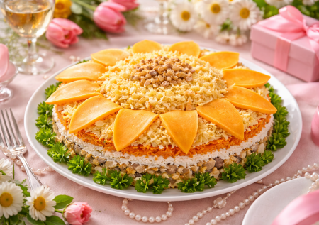 На 8 Марта обязателен салат «Солнышко»: яркий, слоёный и по-настоящему праздничный