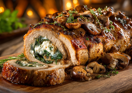 Мясной квартет: свинина, шпинат, грибы и сыр в одном идеальном рулете. Праздничное блюдо, которое готовится просто