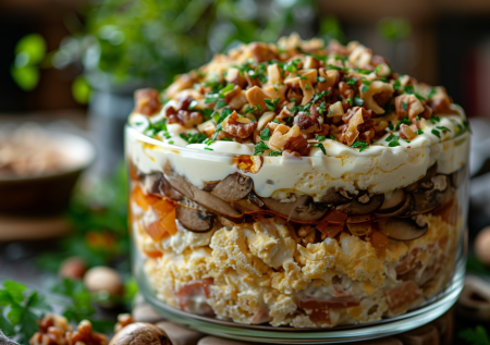 Вкуснятина: салат «Нежность» — слои курицы, грибов и сыра на столе