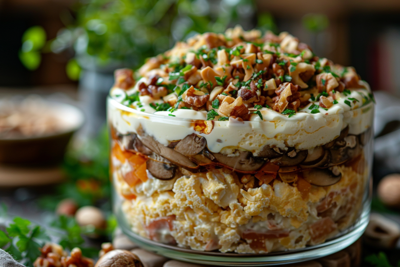 Вкуснятина: салат «Нежность» — слои курицы, грибов и сыра на столе