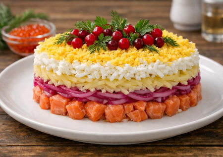 Ленивый хит: салат «Принцесса» — семга с яблоками в кольце магии