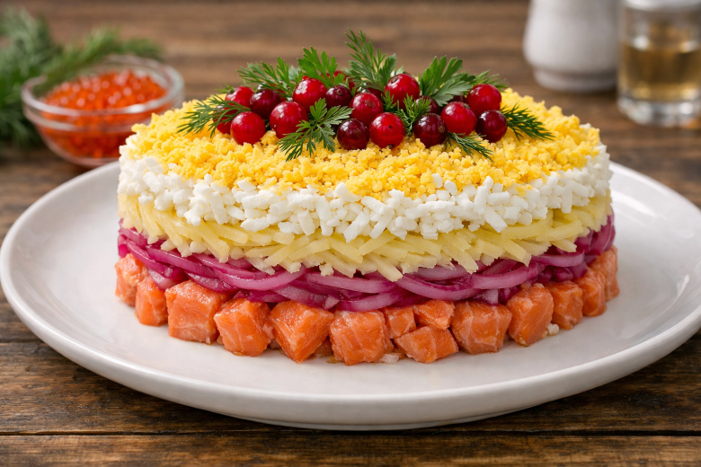 Ленивый хит: салат «Принцесса» — семга с яблоками в кольце магии