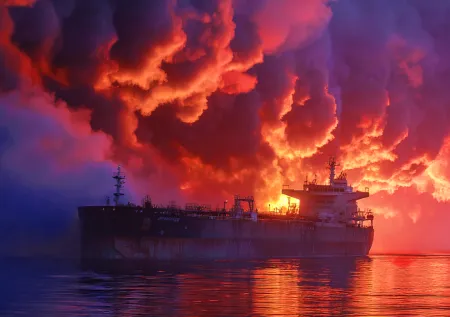 Появились кадры с борта полыхающего нефтяного танкера у берегов Омана