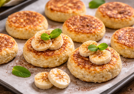 Банан разминаю с творогом и пеку сырники в духовке — некалорийная версия на завтрак и перекус. Получаются мягкие, ароматные и очень нежные