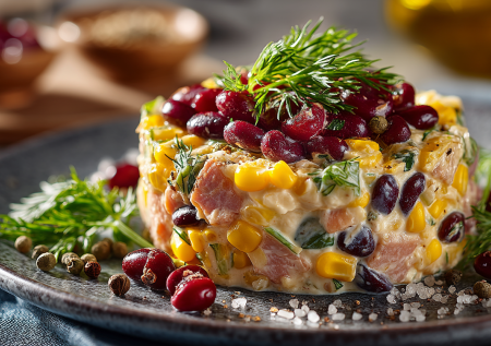 Салат «Ералаш» — он не похож на оливье, крабовый и шубу: с чесночными сухариками и сладкой «изюминкой»