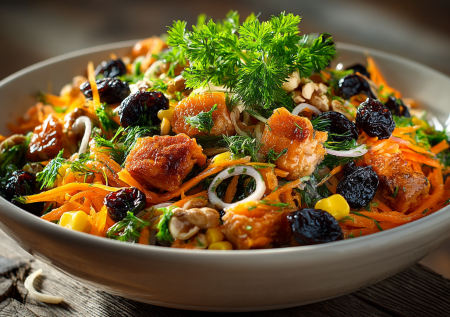 Салат «Смуглянка» для праздничного стола — простое сочетание курицы, чернослива и морковки