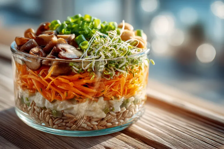 Слоеный салат с пророщенной пшеницей «Сытный злак» сделает ваш обед незабываемым