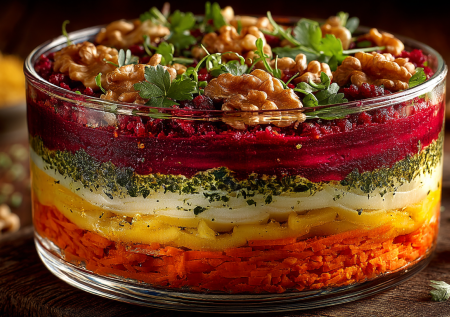 Постный слоеный салат: яркий вкус без животных жиров