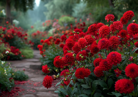 Клумба, как в сказке об аленьком цветочке: растения с насыщенно-красными бутонами