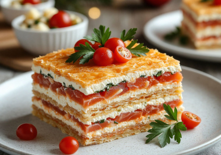 Закусочный торт «Наполеон» с рыбой — вместо скучных салатов на праздничном столе. Нежный и эффектный: затмит любую шубу