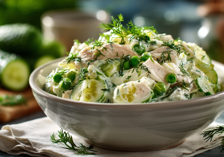 Без майонеза и масла, можно есть даже на диете: салат «Леди» с курицей, горошком и огурцом