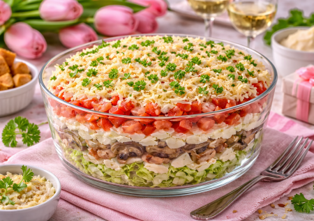 Новый салат к 8 Марта: готовим «Пикантную нотку» — слоеное чудо с копченой грудкой и овощами