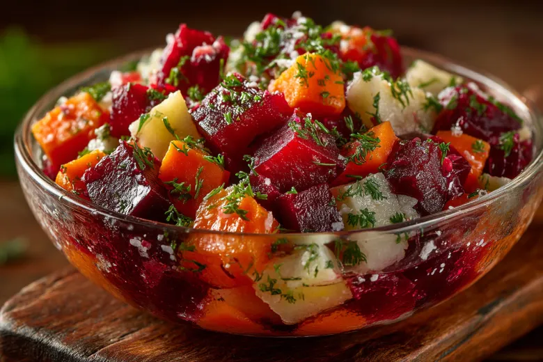 Винегрет по-советски, с селедочкой и огурчиком — пальчики оближешь!