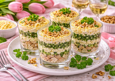 Порционный салат «Боярыня» для женских посиделок: на 8 Марта и не только. Вкуснота с зеленым слоем