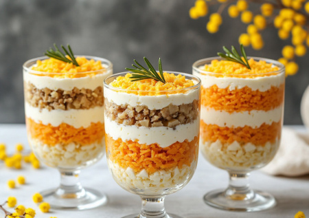 Порционный салат «Мимоза» по-новому: подаём в стаканах на 8 Марта — нежнее классики и в сто раз интереснее