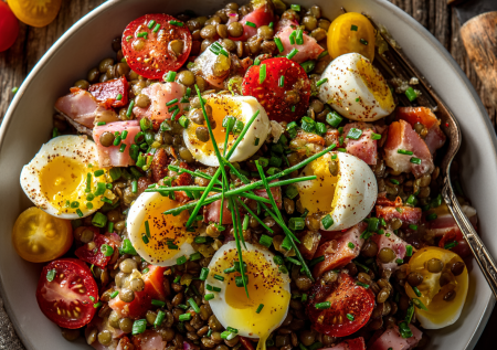 Этот салат из чечевицы — мой секрет сытного и полезного обеда за 15 минут. С горчичной заправкой, черри и перепелиными яйцами