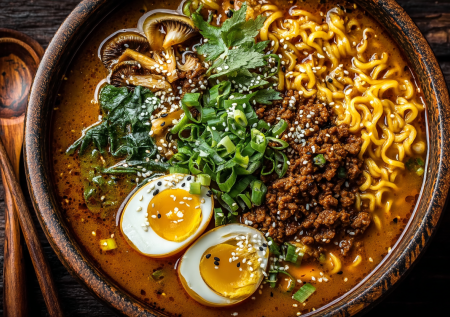 Этот карри-рамен с фаршем — мой личный портал в Азию. Горячий, пряный, с вешенками и идеальным яйцом пашот