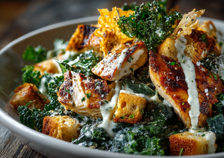 Этот салат с кейлом — мой дерзкий ответ классическому цезарю. Хрустящая капуста, пармезан и домашние гренки с тимьяном