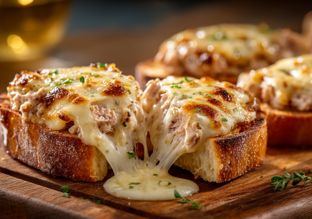 Когда нужен быстрый и сытный перекус, делаю эти гренки с тунцом. Хрустящий хлеб, ароматная начинка и тягучий сыр — просто и гениально