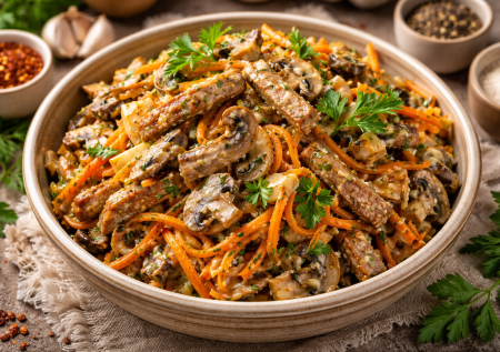 Лью горячее масло со специями на морковь: вкусный салат со свининой и овощами — простой, но очень интересный рецепт