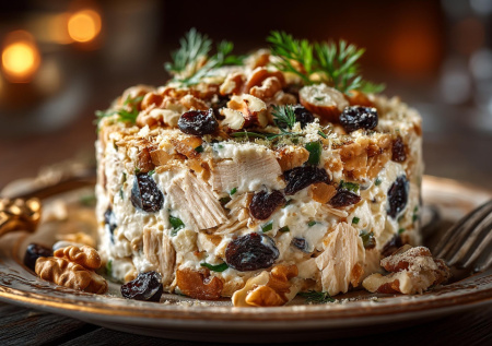 Нежный и сытный: слоеный салат с курицей и черносливом