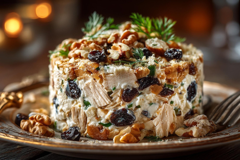 Нежный и сытный: слоеный салат с курицей и черносливом