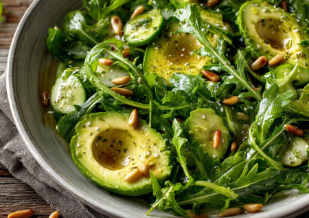 Забудьте про скучные салаты! Эта комбинация руколы, авокадо и кедровых орешков — ресторанный вкус без лишних усилий. Идеальный баланс