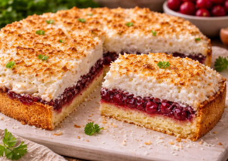 Нежный пирог «Кокос-Вишня» соберете за 15 минут — мягкий, ароматный и очень простой. Почувствуете себя кондитером