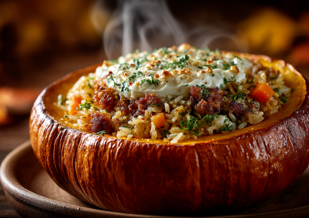 Забудьте про сковороду: томлю плов прямо в тыкве. Фарш, рис, ароматные специи — получается невероятно сочно и эффектно