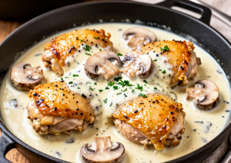 Запекаю куриные бёдра с шампиньонами в сливочном соусе — получается нежнее, чем в ресторане. Ужин на скорую руку