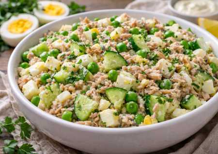 Мешаю банку горошка, яйца и тунца — питательный салат для сытости и похудения. Простой рецепт