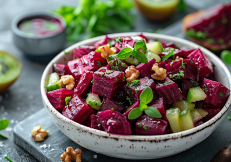 Яркий весенний салат без майонеза: необычное сочетание свеклы и киви удивит гостей