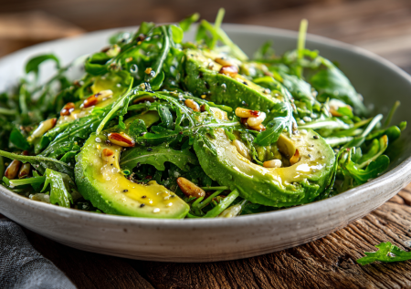 Этот салат с орешками — мой секрет идеального перекуса за 5 минут. Пикантная зелень, нежный авокадо в элегантной заправке