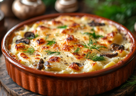 Слои картофеля, лука и шампиньонов заливаю яйцом со сметаной — и в духовку: нежнее, чем жюльен, и проще простого