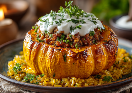 Плов в золотой тыкве — яркий шедевр для праздничного стола. Рис с фаршем запекаю в съедобном горшочке