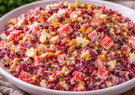 От этого салата ничего не ждешь, а он как бомбанет вкусом: свекла, яйца и крабовые палочки — неожиданно вкусно