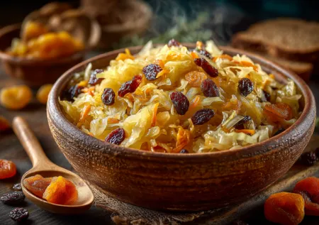 Простой рецепт тушеной капусты с изюмом и курагой