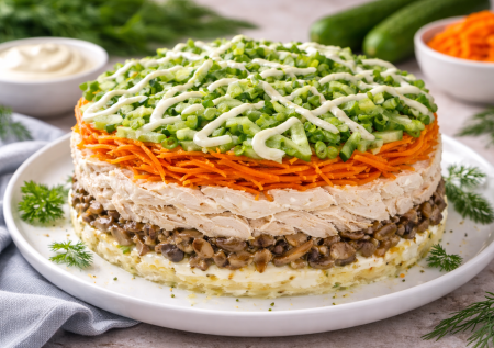 Всего 4 простых слоя, но все поражены: простой салат «Восторг» с варёной курочкой