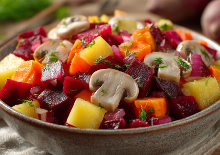 Ленивый постный винегрет с солеными грибами за полчаса