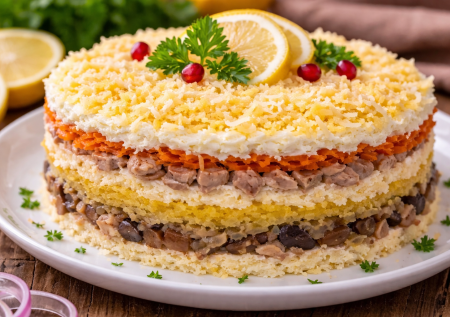 Новенький слоёный салат покорил всех — «Белая ночь». Баночка маринованных грибов в огранке из мяса и картофеля