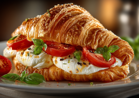 Круассан «Капрезе» — ваш билет в Италию прямо с завтрака. Томаты, моцарелла и базилик в хрустящей булке