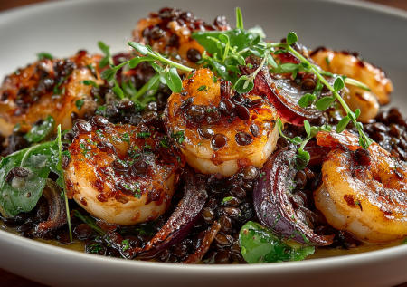 Этот каталонский салат — портал в средиземноморское лето. Черная чечевица, обжаренный лук и креветки в ароматном масле