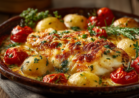 Идеальный ужин без лишних хлопот: сочная рыба, нежная картошка и ароматные овощи в сливочном соусе. Все запекается в духовке