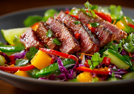 Просто пожарить мясо — скучно. Превращаю стейк в согревающий салат по-азиатски. Добавляю пикантный соус и пир обеспечен