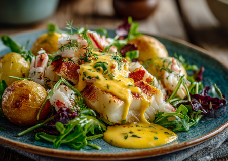 Хотите удивить гостей? Приготовьте этот французский салат. Нежнейшая треска, картофель и краб под изысканным теплым соусом